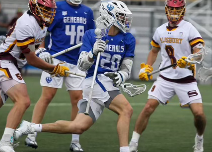 Hillis Burns, ‘25, scores the game-winning goal in overtime versus Salisbury University in the NCAA Elite Eight.